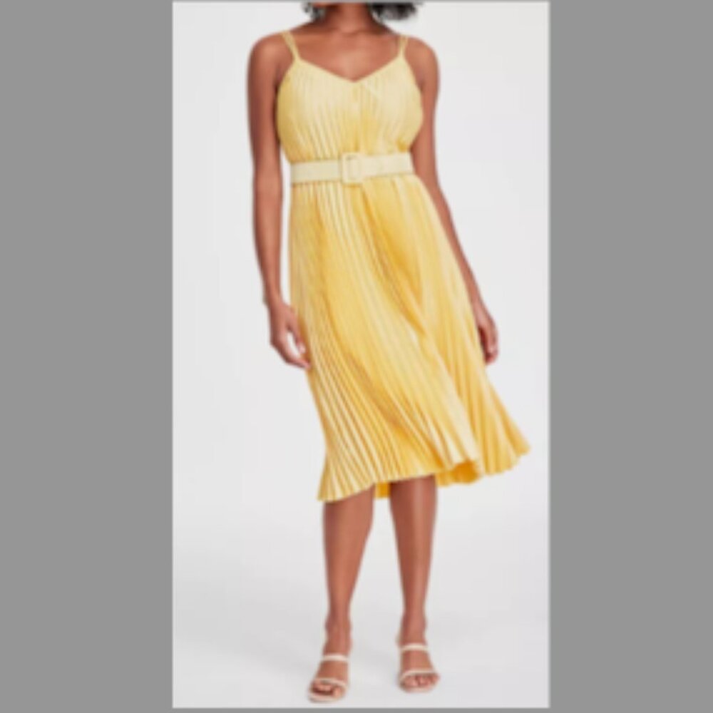 Sam Edelman Women's Belted V-Neck Pleated Dress Yellow Size 2